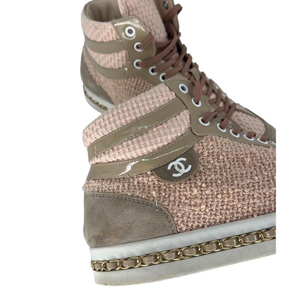 Chanel Tweed Patent High Top CC Chain Lace Up Sneakers in Pink Tan - Picture 7 of 16